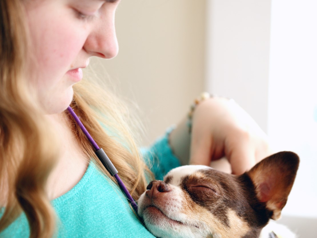 Young adult woman chilling out with small dog