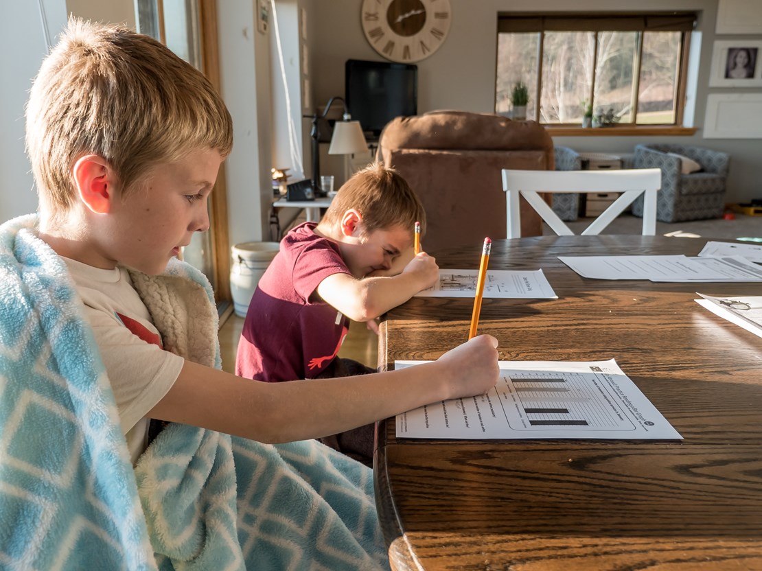 Two young boys studying at home